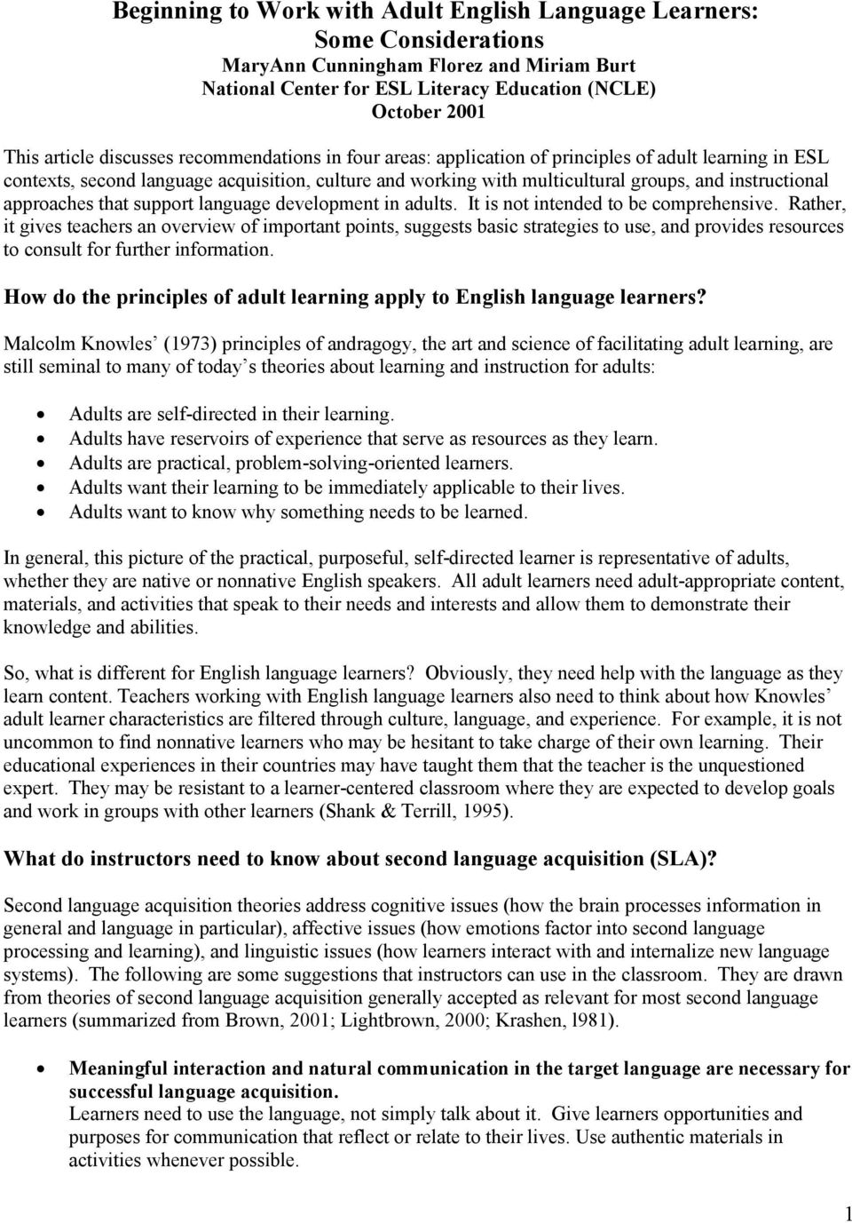 approaches that support language development in adults. It is not intended to be comprehensive.