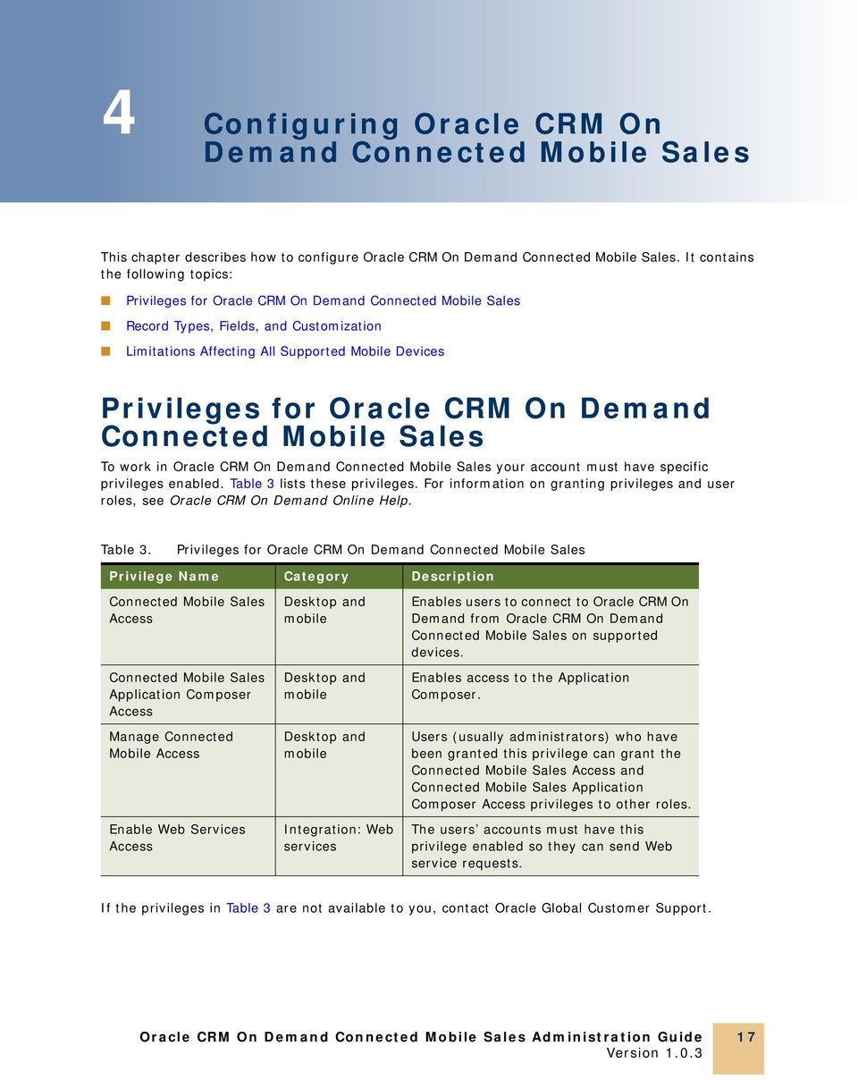 Oracle CRM On Demand Connected Mobile Sales To work in Oracle CRM On Demand Connected Mobile Sales your account must have specific privileges enabled. Table 3 lists these privileges.