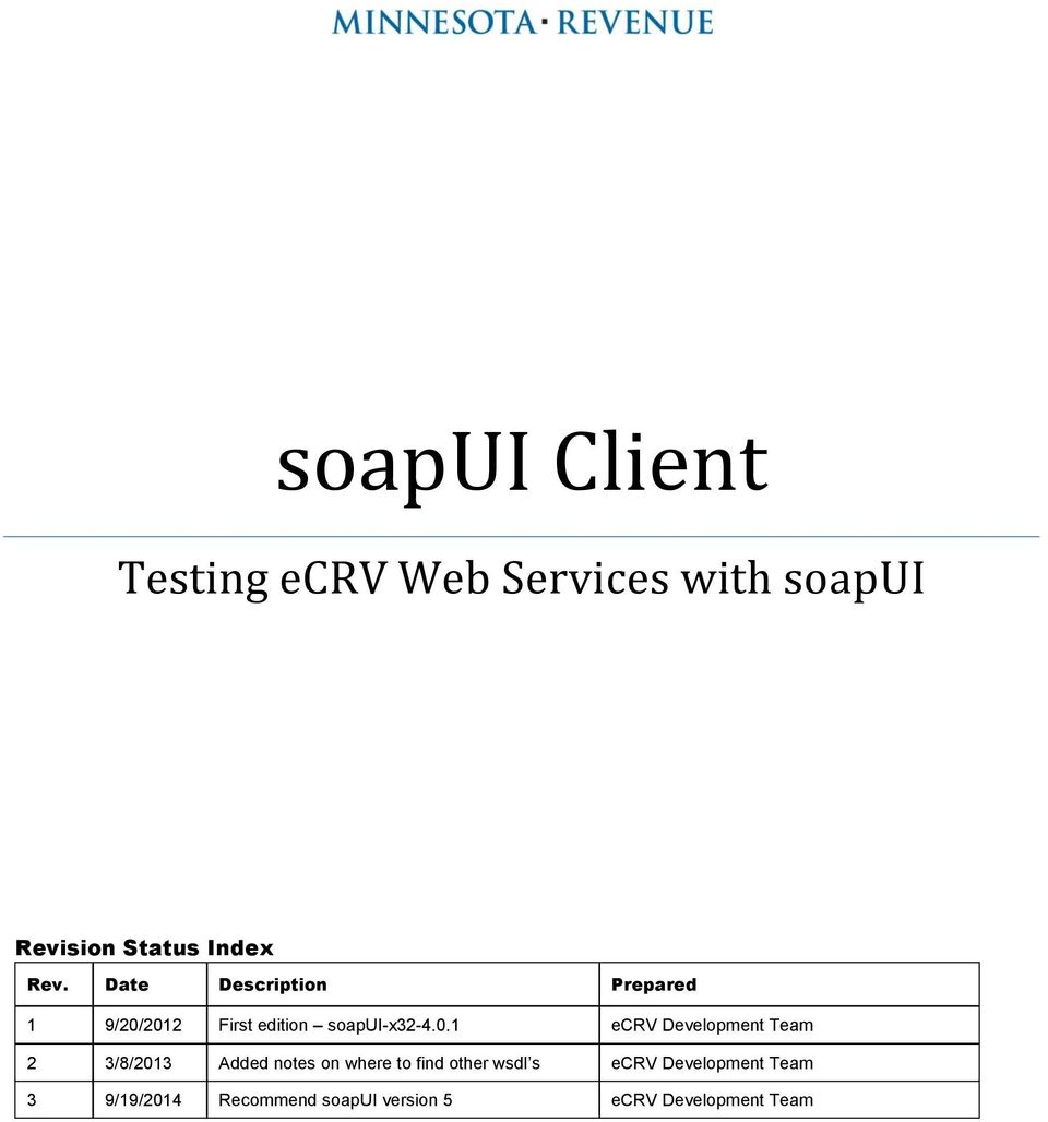 2012 First edition soapui-x32-4.0.1 ecrv Development Team 2 3/8/2013 Added