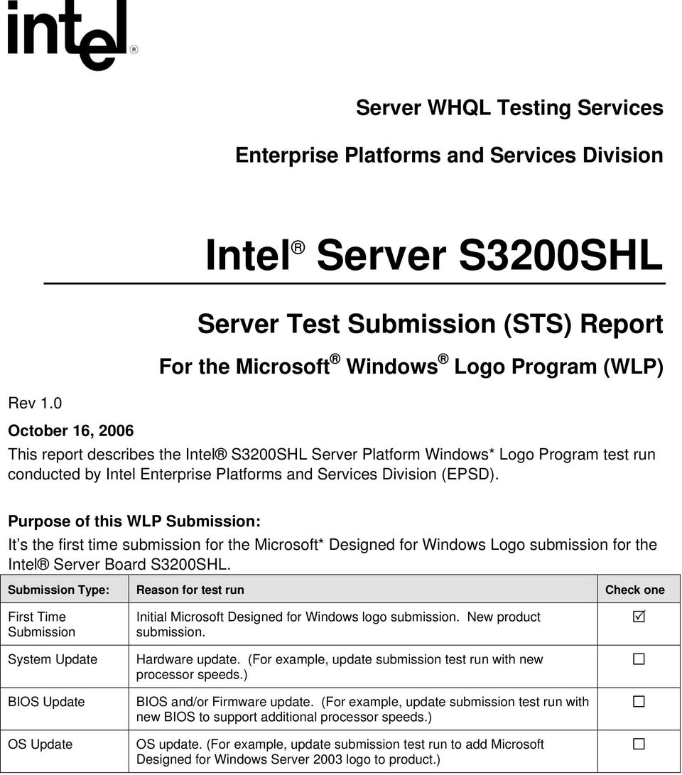 Purpose of this WLP Submission: It s the first time submission for the Microsoft* Designed for Windows Logo submission for the Intel Server Board S3200SHL.