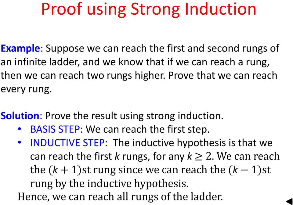 BASIS STEP: We can reach the first step. INDUCTIVE STEP: The inductive hypothesis is that we can reach the first k rungs, for any k 2.