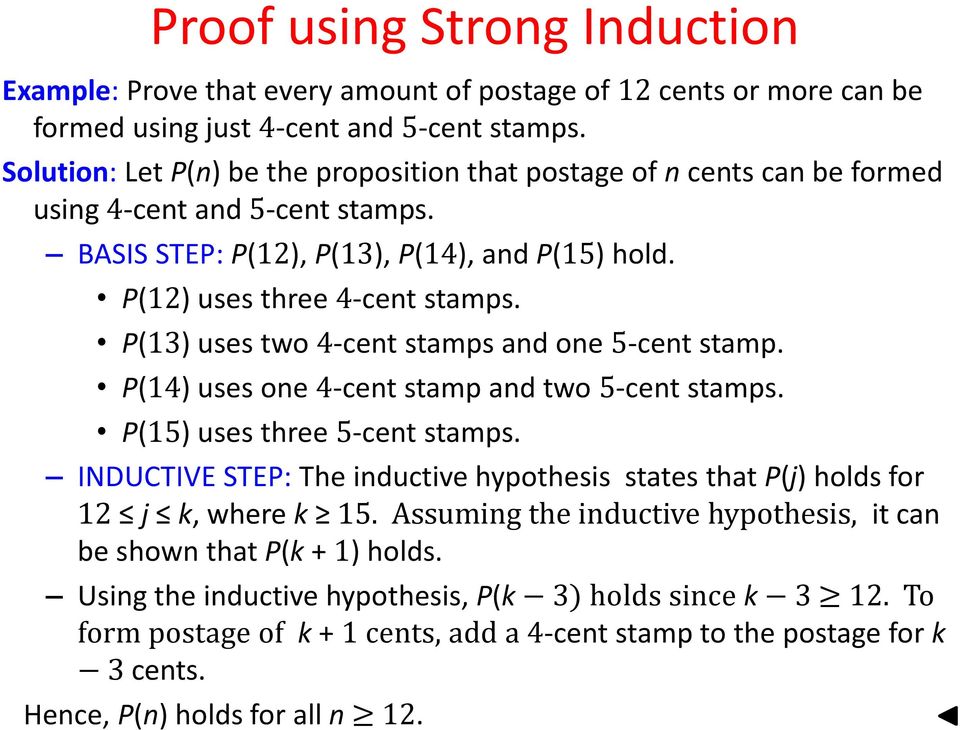 P(13) uses two 4-cent stamps and one 5-cent stamp. P(14) uses one 4-cent stamp and two 5-cent stamps. P(15) uses three 5-cent stamps.