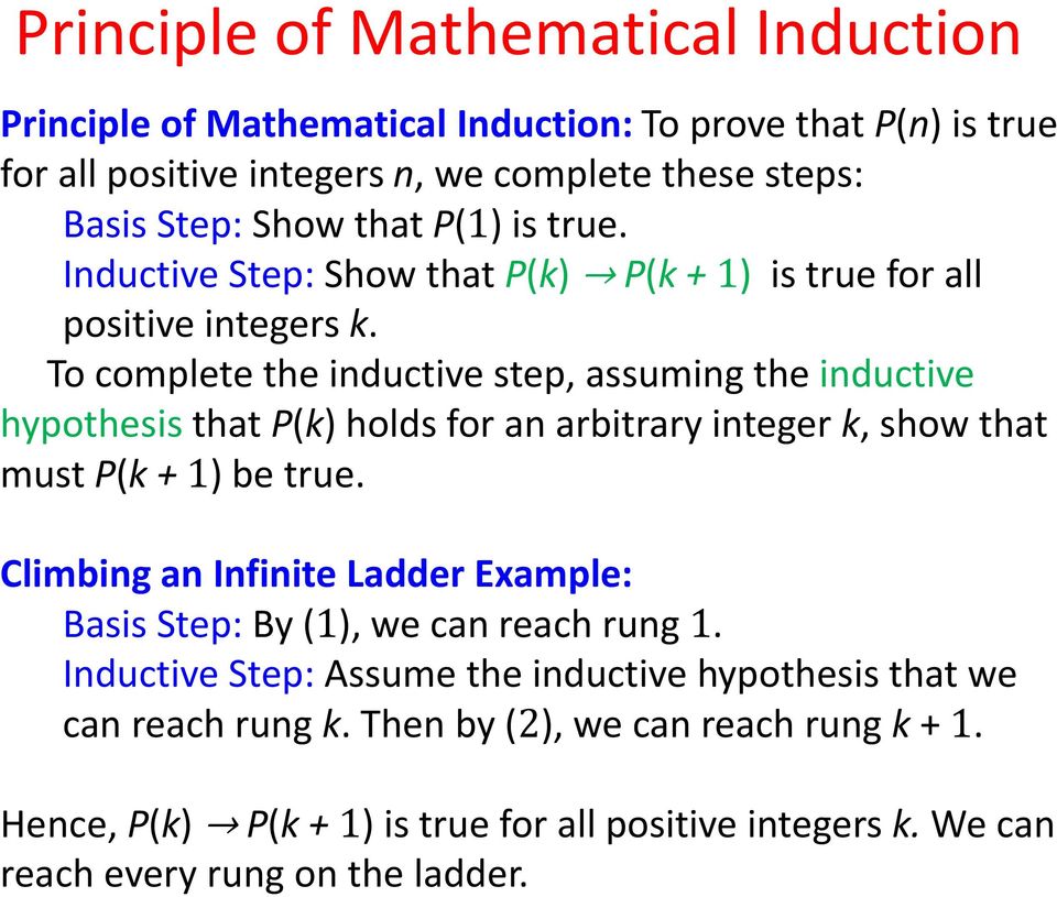 To complete the inductive step, assuming the inductive hypothesis that P(k) holds for an arbitrary integer k, show that must P(k + 1) be true.