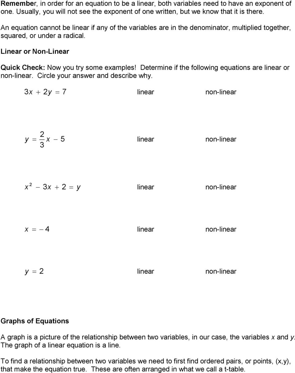 Determine if the following equations are linear or non-linear. Circle our answer and describe wh.