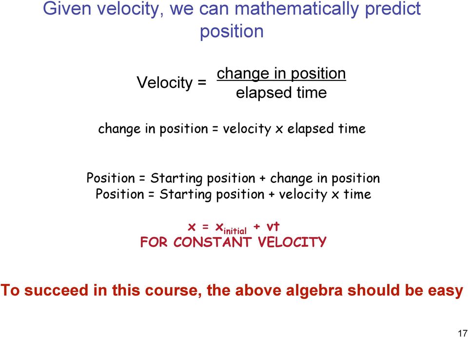 change in position Position = Starting position velocity x x = x initial vt