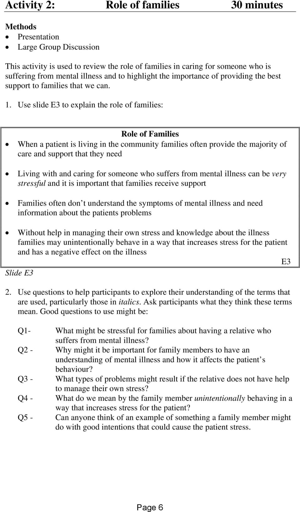 Use slide E3 to explain the role of families: Role of Families When a patient is living in the community families often provide the majority of care and support that they need Living with and caring