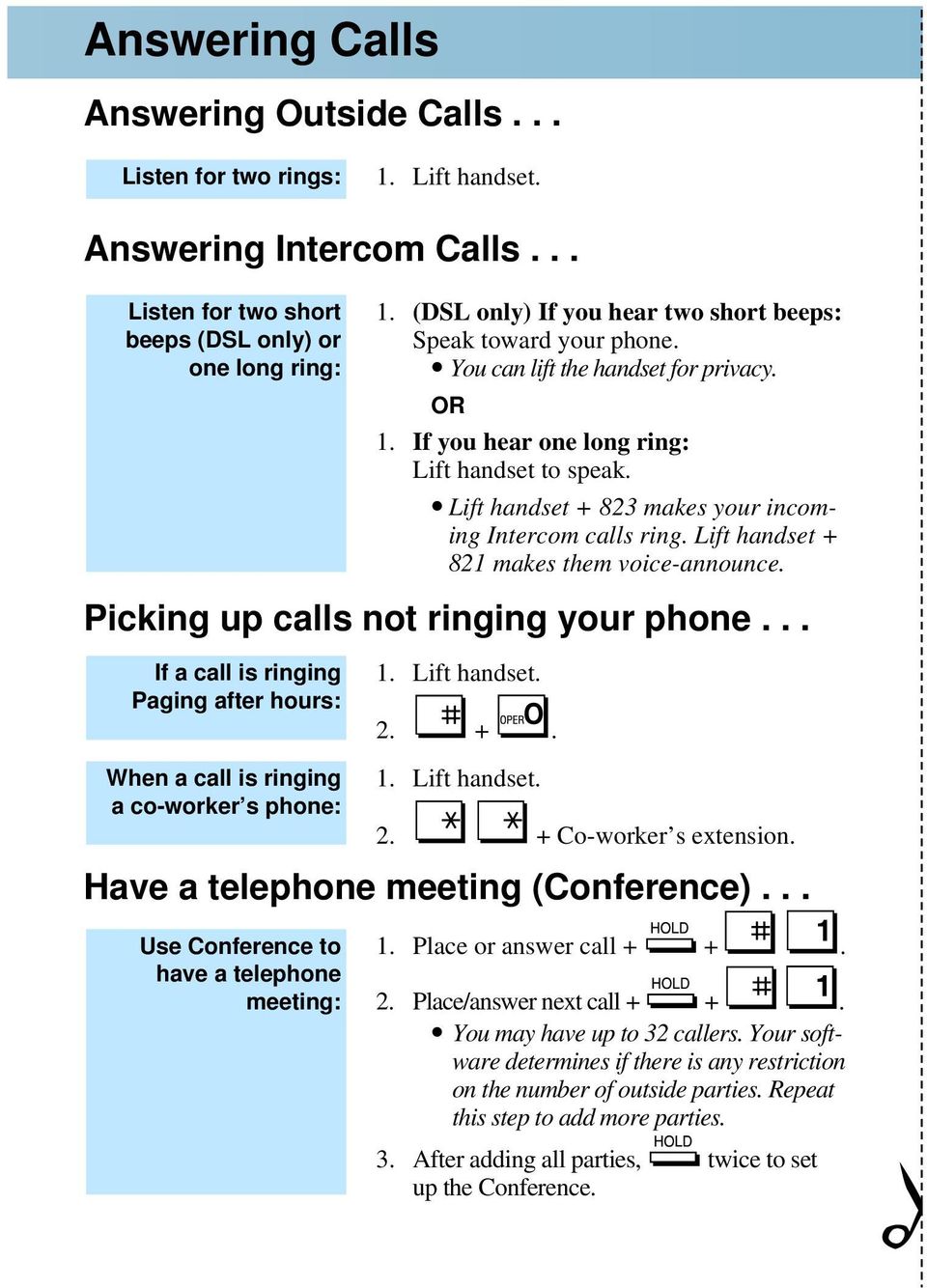 Lift handset + 823 makes your incoming Intercom calls ring. Lift handset + 821 makes them voice-announce. Picking up calls not ringing your phone... If a call is ringing Paging after hours: 2. +. When a call is ringing a co-worker s phone: 2.