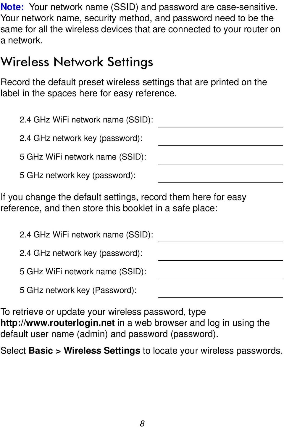 Wireless Network Settings Record the default preset wireless settings that are printed on the label in the spaces here for easy reference. 2.4 GHz WiFi network name (SSID): 2.