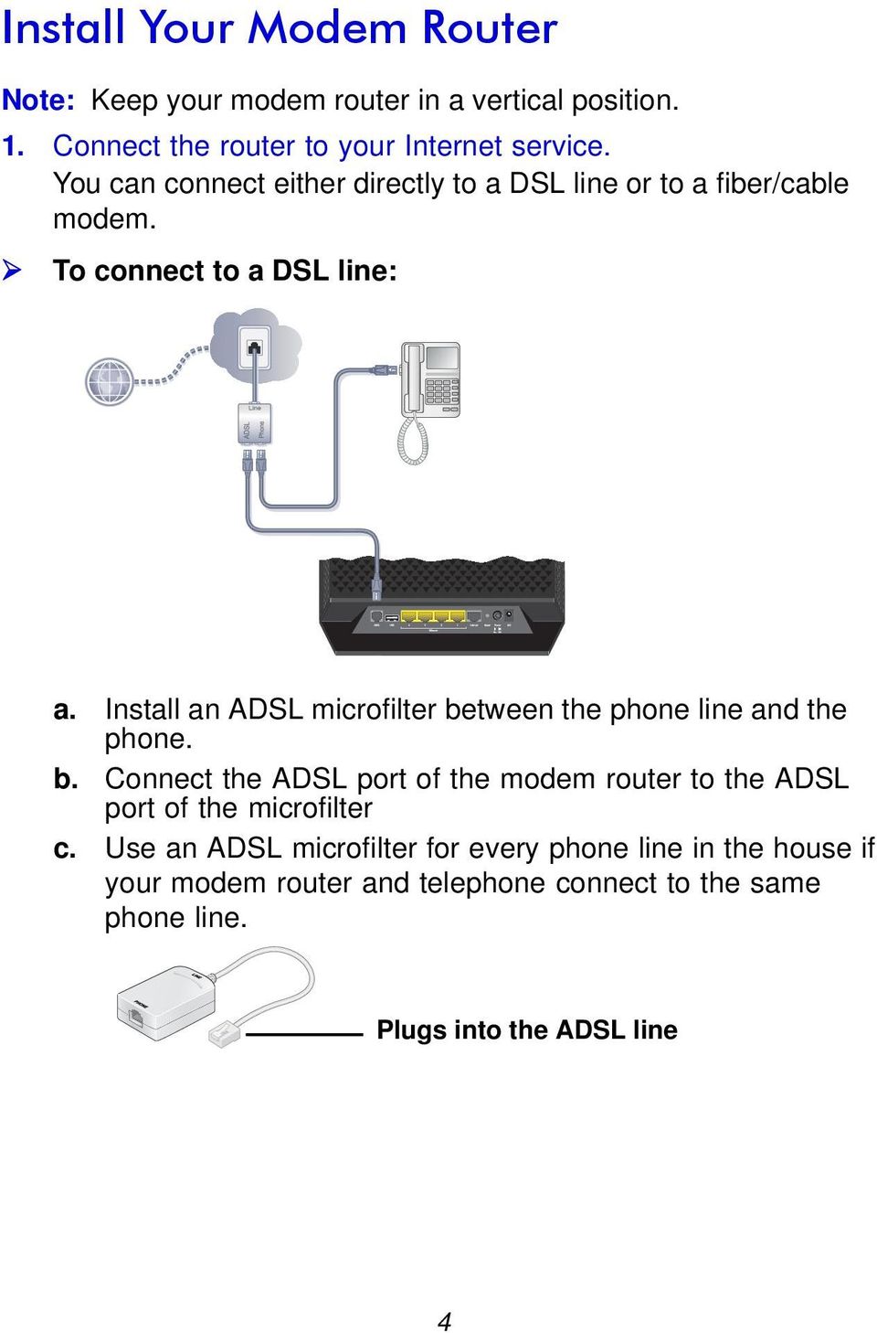 Install an ADSL microfilter between the phone line and the phone. b. Connect the ADSL port of the modem router to the ADSL port of the microfilter c.