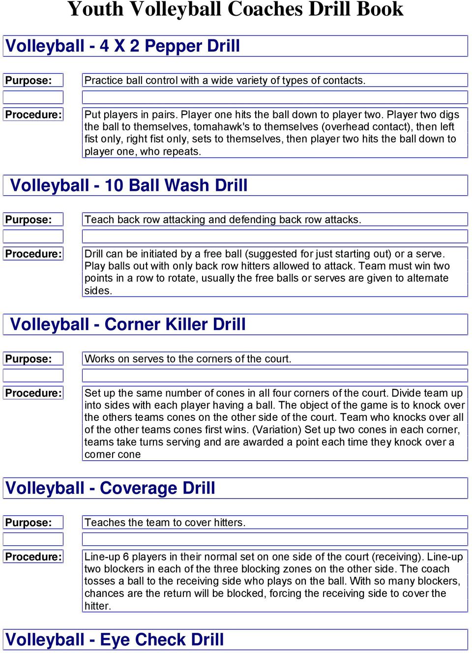 repeats. Volleyball - 10 Ball Wash Drill Teach back row attacking and defending back row attacks. Drill can be initiated by a free ball (suggested for just starting out) or a serve.