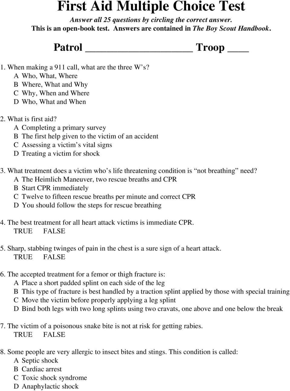 first aid test questions and answers 2020 pdf free download