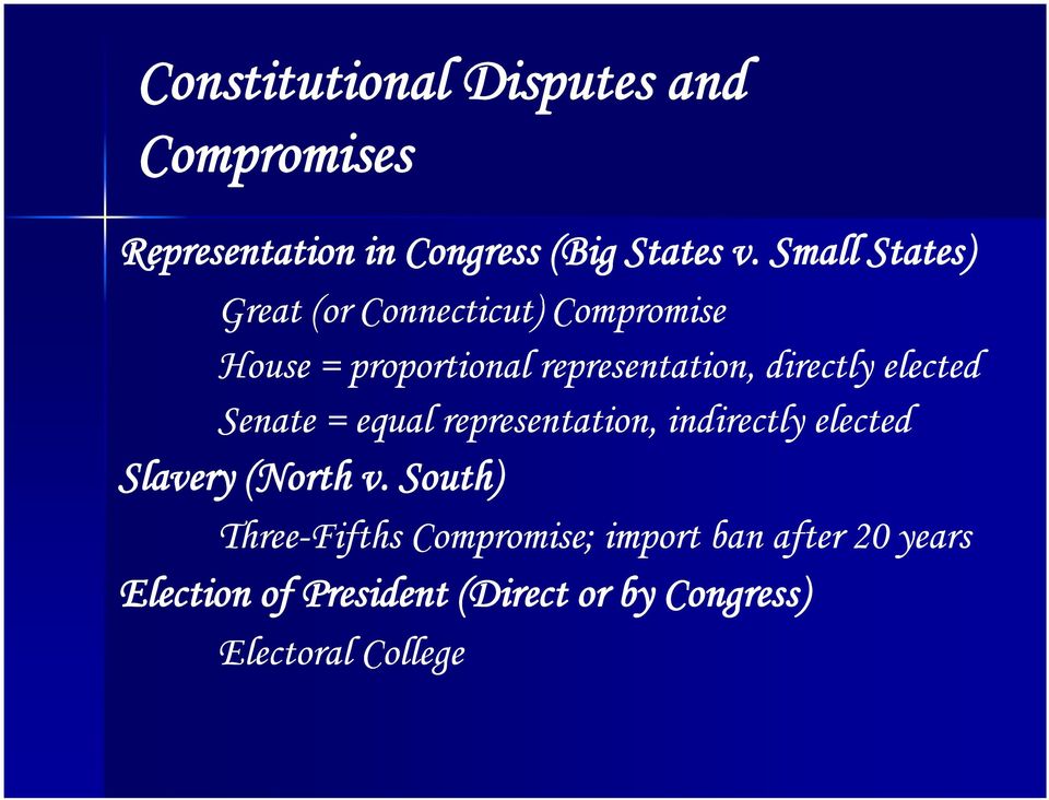 directly elected Senate = equal representation, indirectly elected Slavery y( (North v.