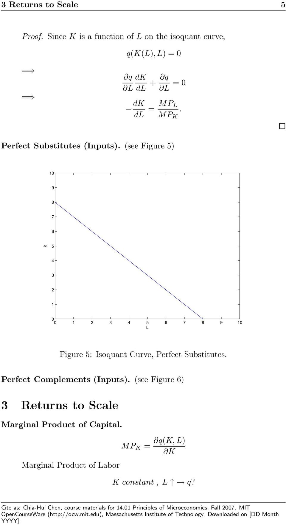 Perfect Complements (Inputs). (see Figure ) Returns to Scale Marginal Product of Capital.
