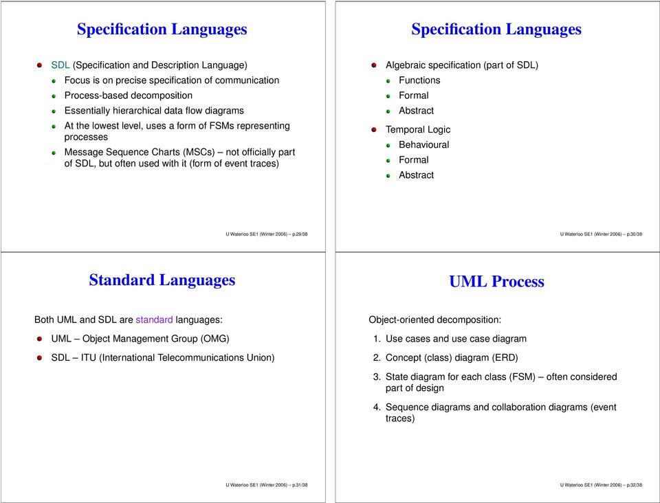 specification (part of SDL) Functions Formal Abstract Temporal Logic Behavioural Formal Abstract U Waterloo SE1 (Winter 2006) p.29/38 U Waterloo SE1 (Winter 2006) p.