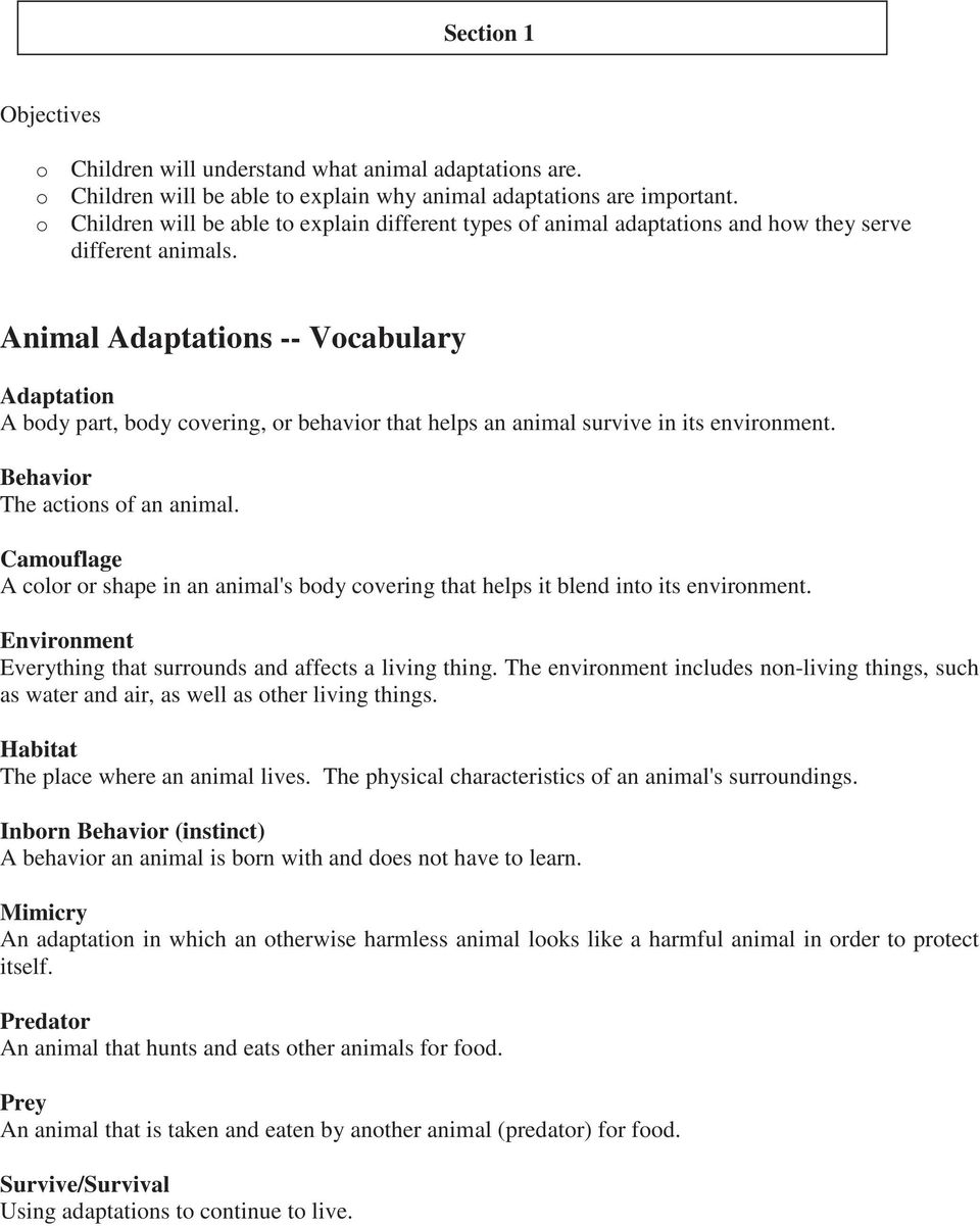 Animal Adaptations -- Vocabulary Adaptation A body part, body covering, or behavior that helps an animal survive in its environment. Behavior The actions of an animal.