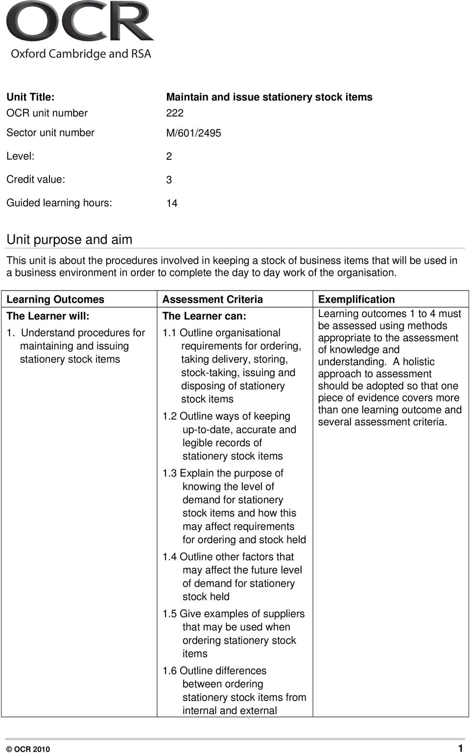 Learning Outcomes Assessment Criteria Exemplification The Learner will: 1. Understand procedures for maintaining and issuing The Learner can: 1.