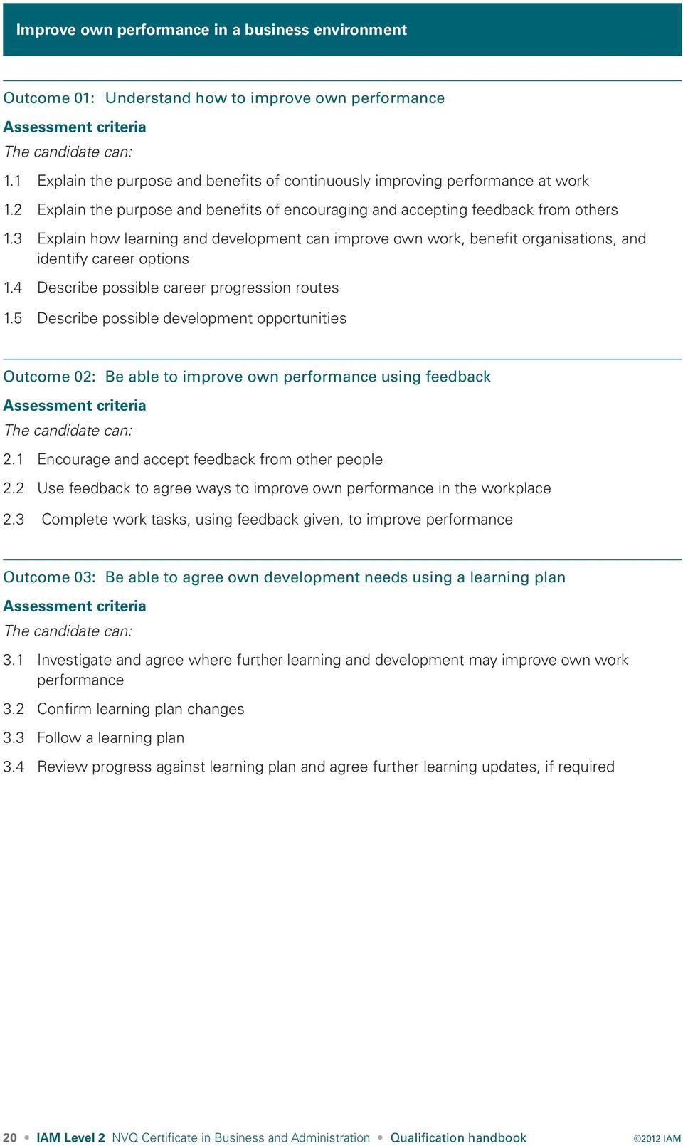 3 Explain how learning and development can improve own work, benefit organisations, and identify career options 1.4 Describe possible career progression routes 1.
