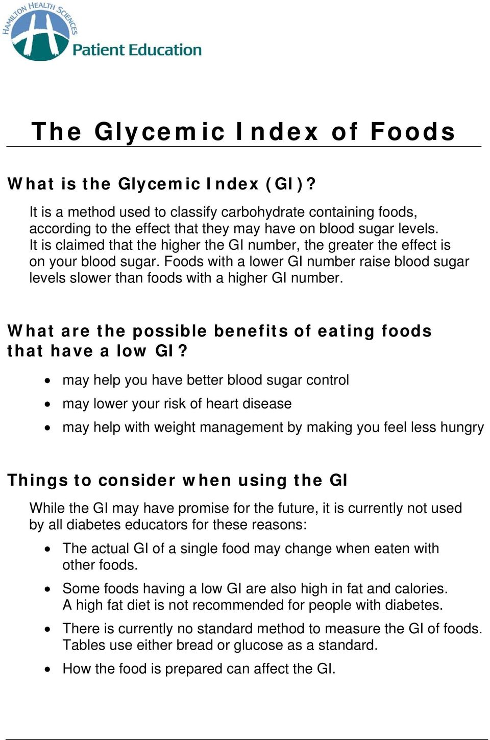 What are the possible benefits of eating foods that have a low GI?