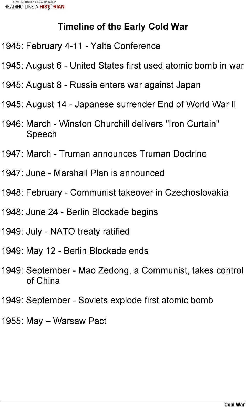 Doctrine 1947: June - Marshall Plan is announced 1948: February - Communist takeover in Czechoslovakia 1948: June 24 - Berlin Blockade begins 1949: July - NATO treaty
