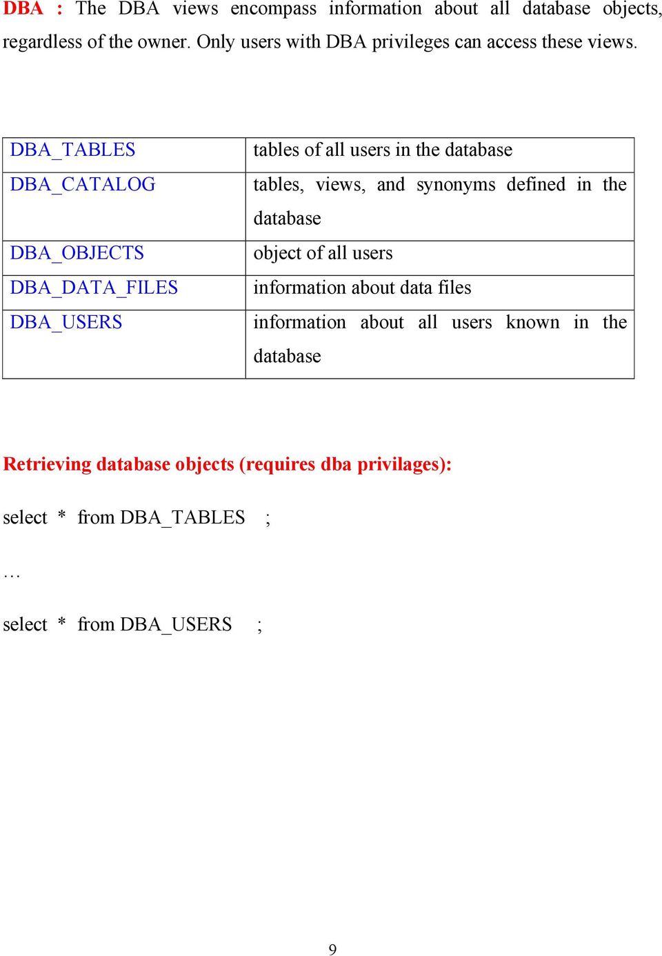 DBA_S DBA_CATALOG DBA_OBJECTS DBA_DATA_FILES DBA_USERS tables of all users in the database tables, views, and synonyms
