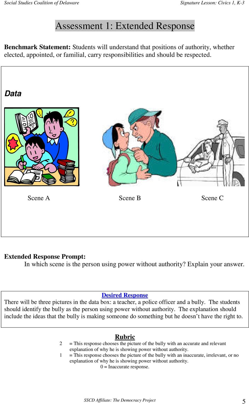 Desired Response There will be three pictures in the data box: a teacher, a police officer and a bully. The students should identify the bully as the person using power without authority.