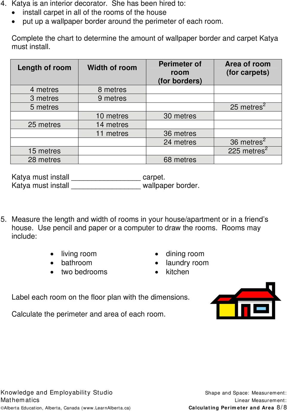 Length of room Width of room Perimeter of room (for borders) Area of room (for carpets) 4 metres 8 metres 3 metres 9 metres 5 metres 25 metres 2 10 metres 30 metres 25 metres 14 metres 11 metres 36