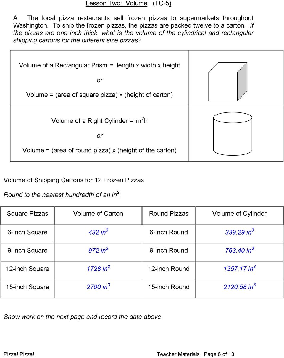 Volume of a Rectangular Prism = length x width x height or Volume = (area of square pizza) x (height of carton) Volume of a Right Cylinder = πr 2 h or Volume = (area of round pizza) x (height of the