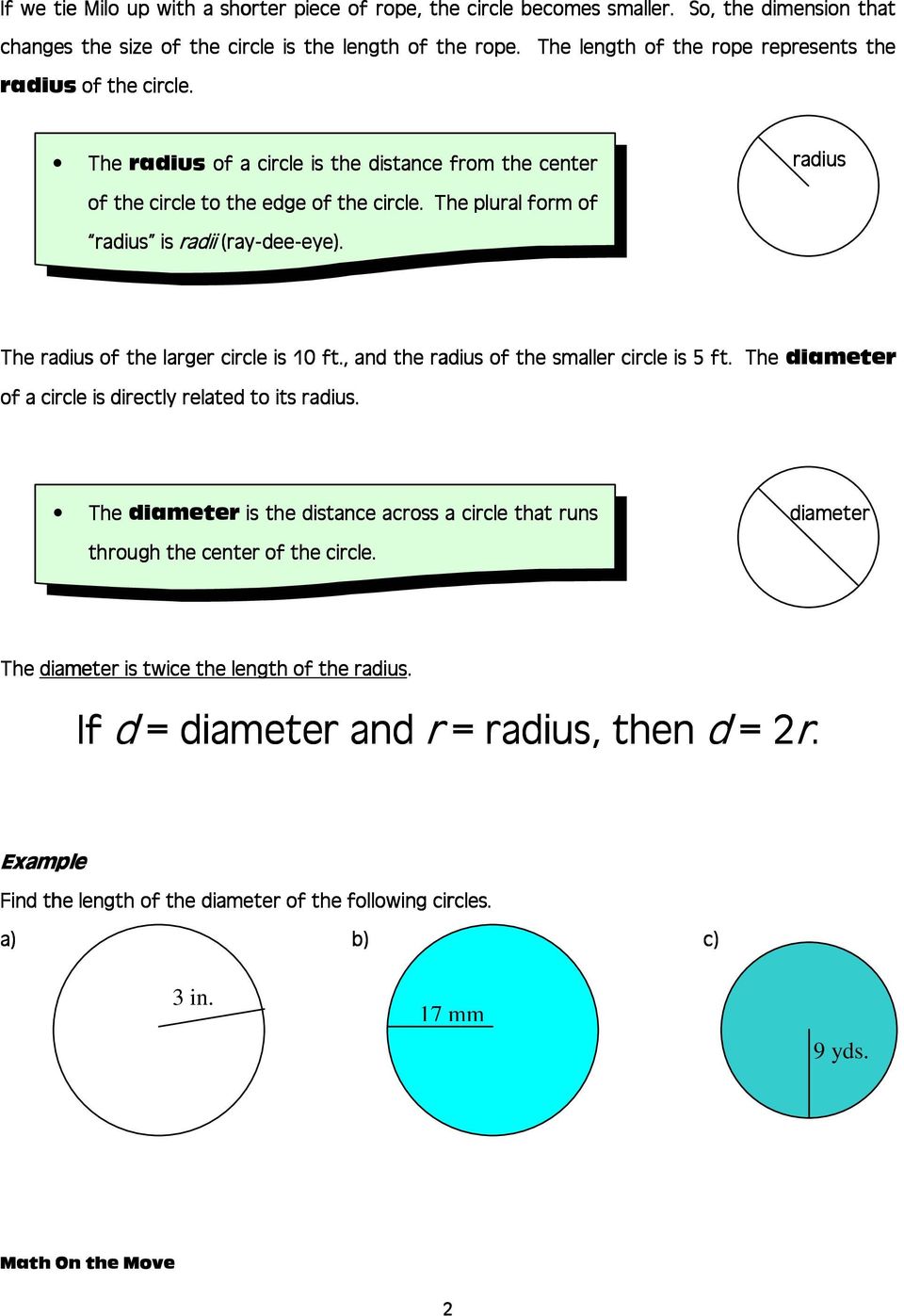 The plural form of radius is radii (ray-dee dee-eye). radius The radius of the larger circle is 10 ft., and the radius of the smaller circle is 5 ft.