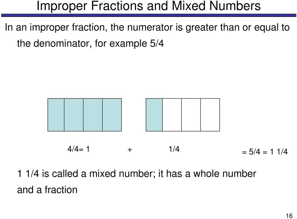 denominator, for example 5/4 4/4= 1 + 1/4 = 5/4 = 1 1/4 1