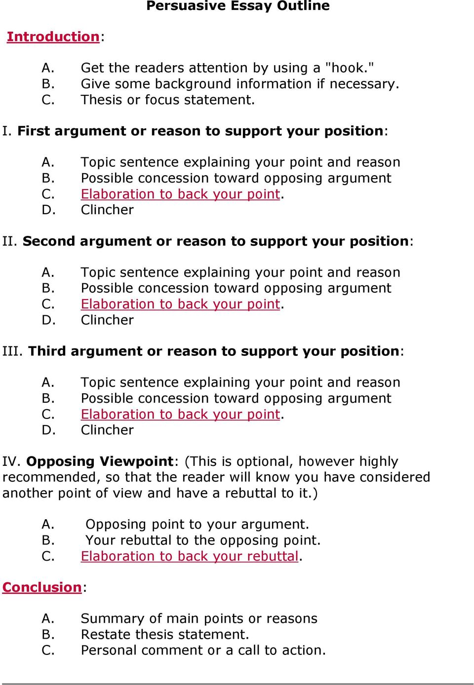 Second argument or reason to support your position: A. Topic sentence explaining your point and reason B. Possible concession toward opposing argument C. Elaboration to back your point. D.