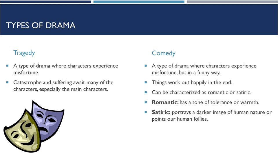 Comedy A type of drama where characters experience misfortune, but in a funny way, Things work out happily in the