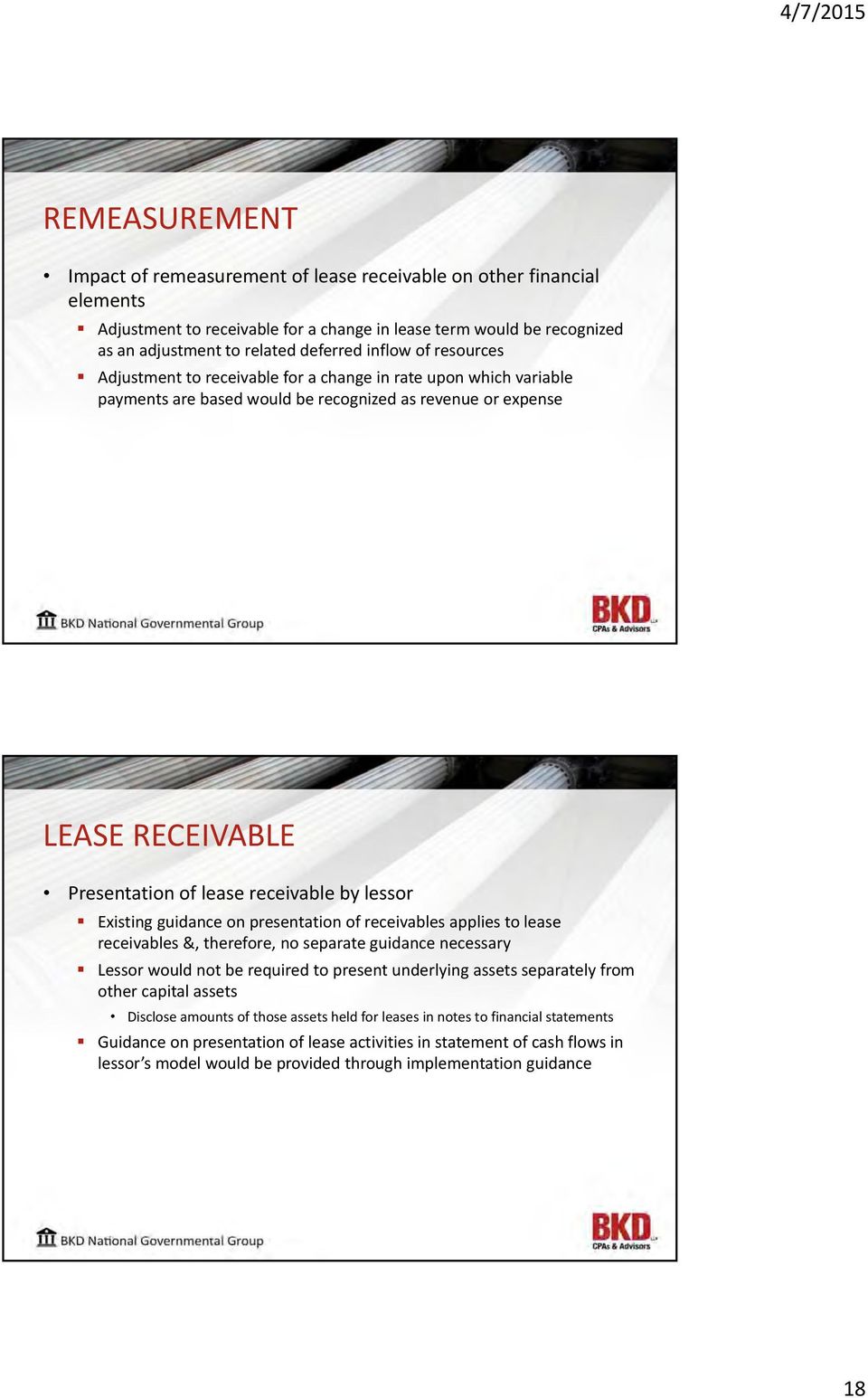 lessor Existing guidance on presentation of receivables applies to lease receivables &, therefore, no separate guidance necessary Lessor would not be required to present underlying assets separately