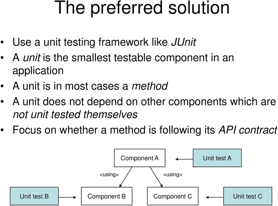 components which h are not unit tested themselves Focus on whether a method is following its