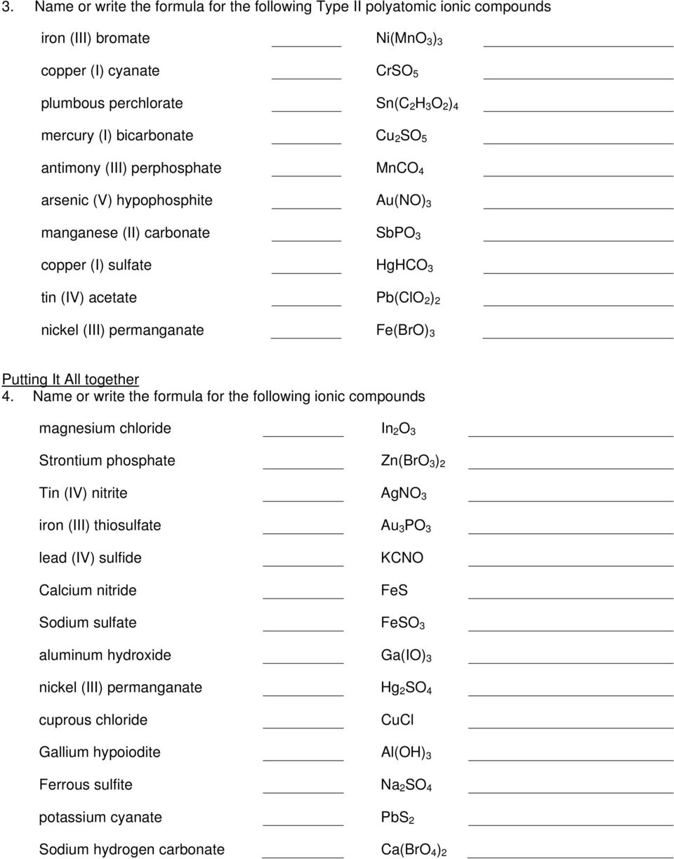 Polyatomic Ions Worksheet. 11. Name or write the formula for the Within Writing Ionic Formulas Worksheet