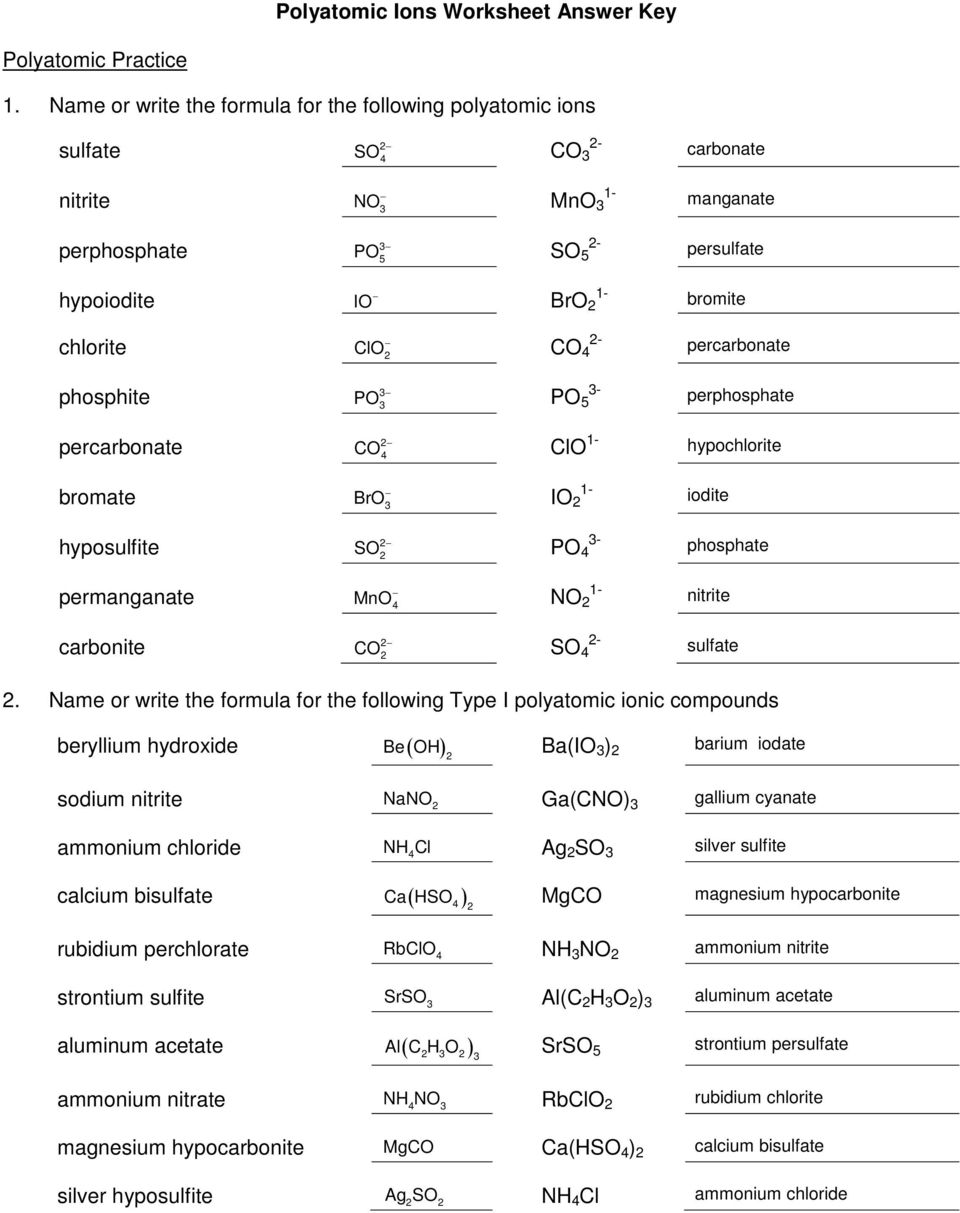 Polyatomic Ions Worksheet 2 Name Or Write The Formula For The Following Type I Polyatomic Ionic Compounds Pdf Free Download