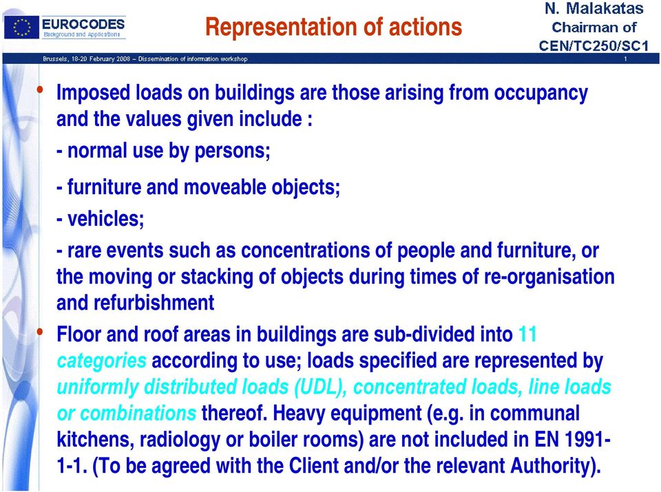 areas in buildings are sub-divided into 11 categories according to use; loads specified are represented by uniformly distributed loads (UDL), concentrated loads, line loads or