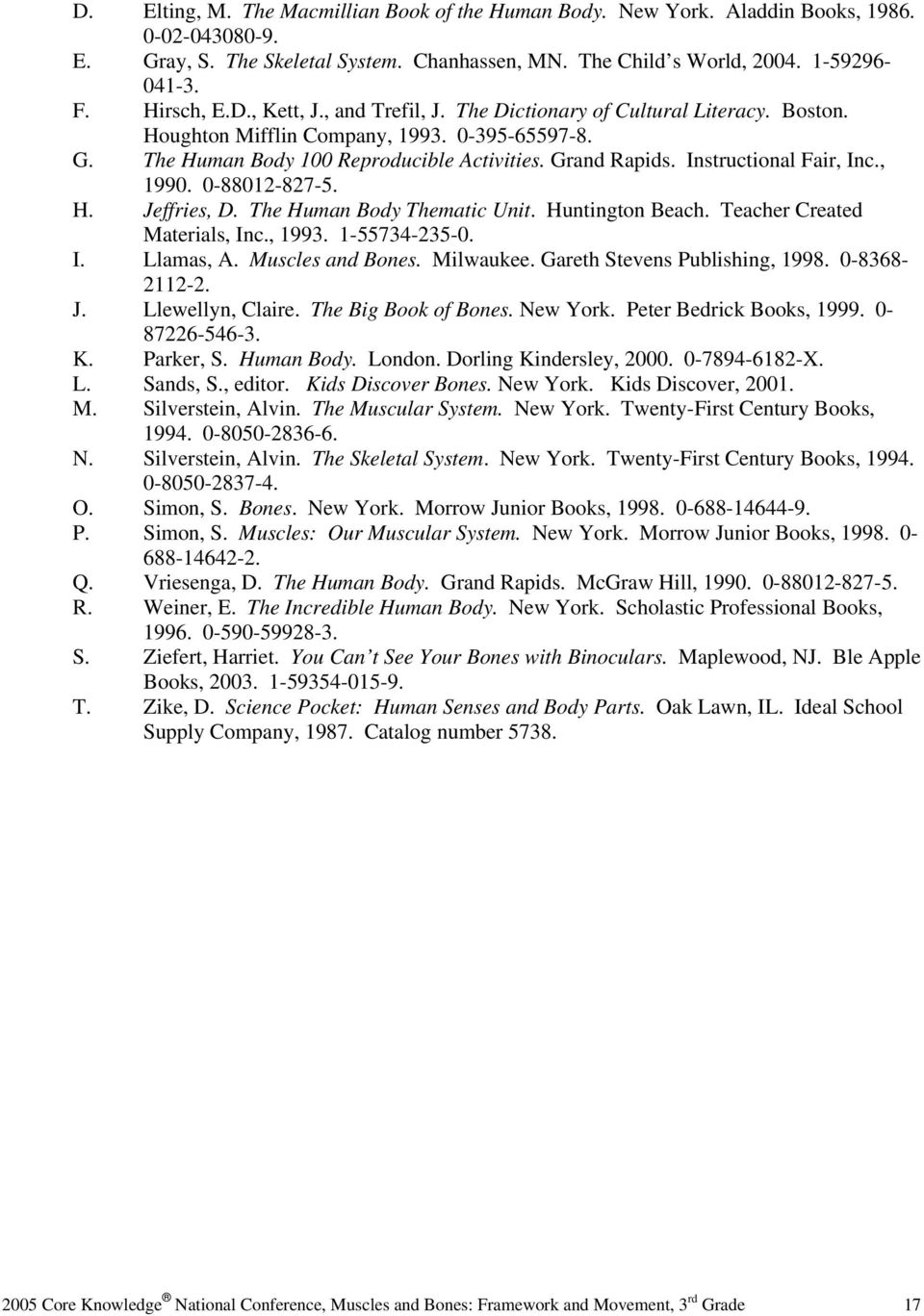 Instructional Fair, Inc., 1990. 0-88012-827-5. H. Jeffries, D. The Human Body Thematic Unit. Huntington Beach. Teacher Created Materials, Inc., 1993. 1-55734-235-0. I. Llamas, A. Muscles and Bones.