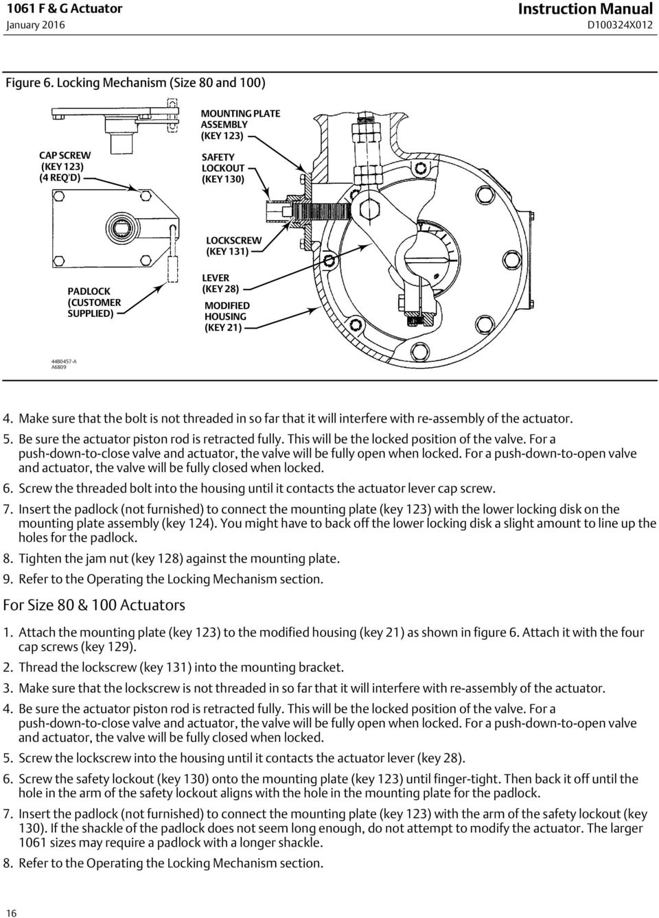 HOUSING (KEY 21) 44B0457 A A6809 4. Make sure that the bolt is not threaded in so far that it will interfere with re assembly of the actuator. 5. Be sure the actuator piston rod is retracted fully.