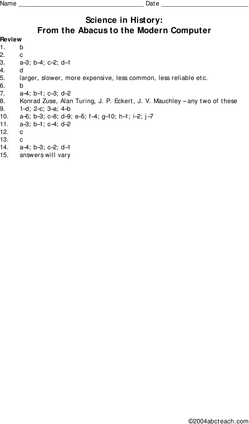 a 4; b 1; c 3; d 2 8. Konrad Zuse, Alan Turing, J. P. Eckert, J. V.