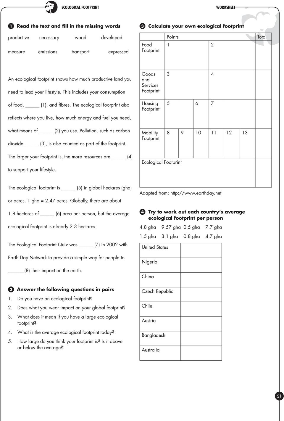 ECOLOGICAL FOOTPRINT - PDF Free Download Intended For Human Footprint Worksheet Answers