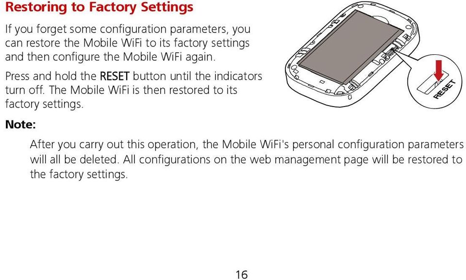The Mobile WiFi is then restored to its factory settings.