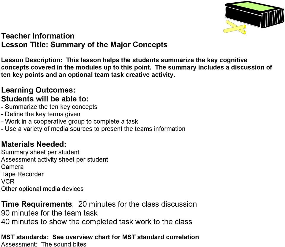 Learning Outcomes: Students will be able to: - Summarize the ten key concepts - Define the key terms given - Work in a cooperative group to complete a task - Use a variety of media sources to present