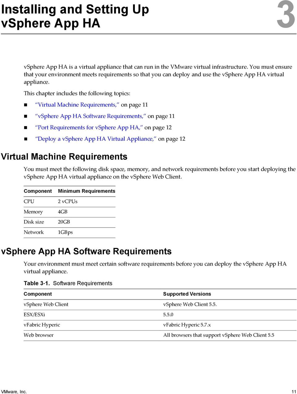This chapter includes the following topics: Virtual Machine Requirements, on page 11 vsphere App HA Software Requirements, on page 11 Port Requirements for vsphere App HA, on page 12 Deploy a vsphere