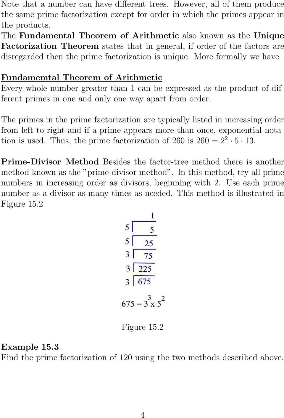 More formally we have Fundamemtal Theorem of Arithmetic Every whole number greater than 1 can be expressed as the product of different primes in one and only one way apart from order.