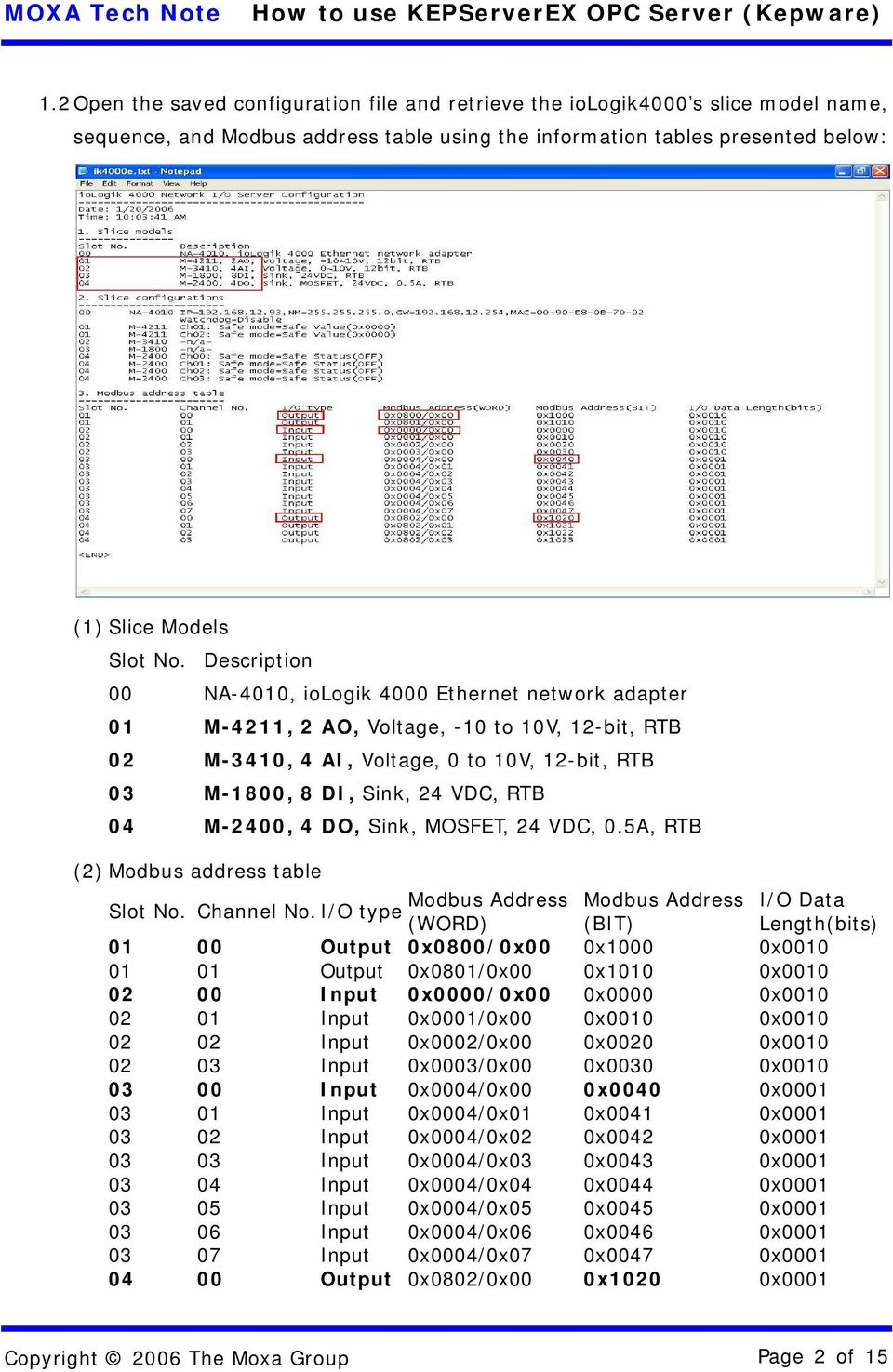 M-2400, 4 DO, Sink, MOSFET, 24 VDC, 0.5A, RTB (2) Modbus address table Modbus Address Slot No. Channel No.
