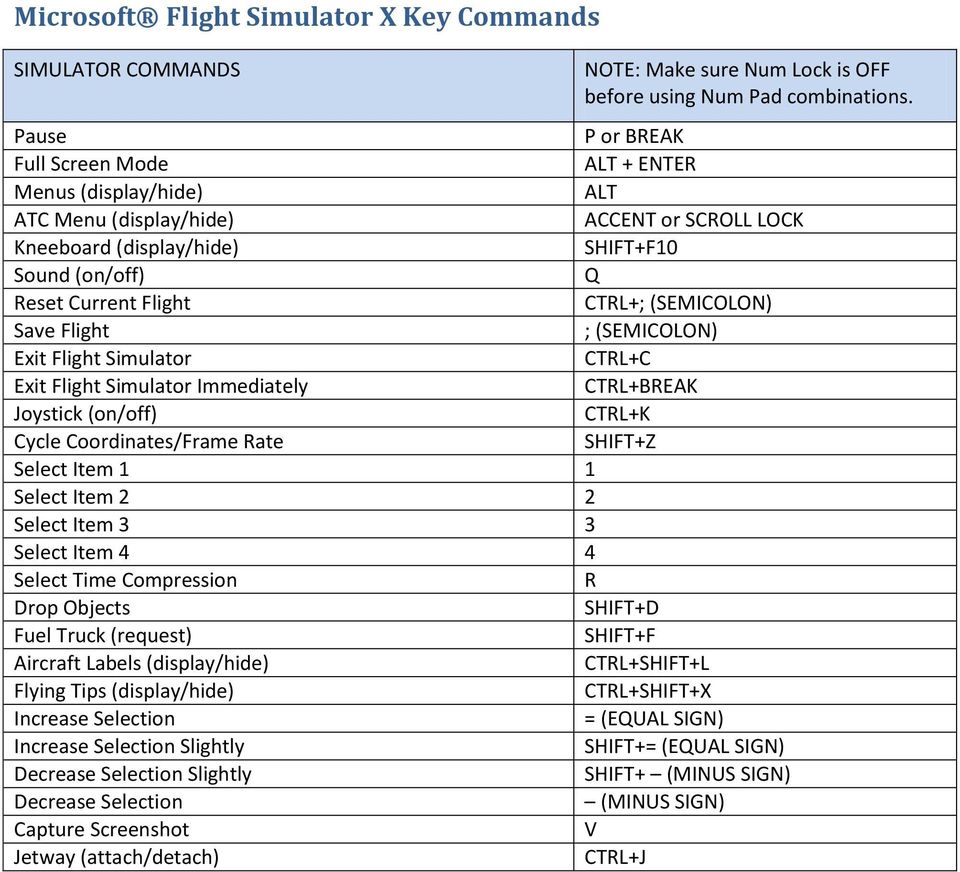 Microsoft Flight Simulator X Key Commands - PDF Free Download