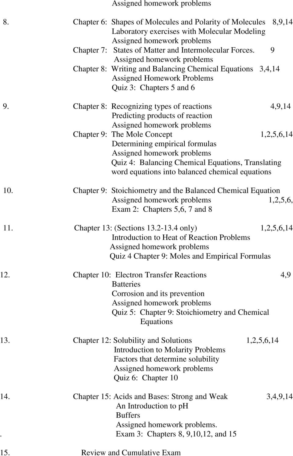 Chapter 8: Recognizing types of reactions 4,9,14 Predicting products of reaction Chapter 9: The Mole Concept 1,2,5,6,14 Determining empirical formulas Quiz 4: Balancing Chemical Equations,