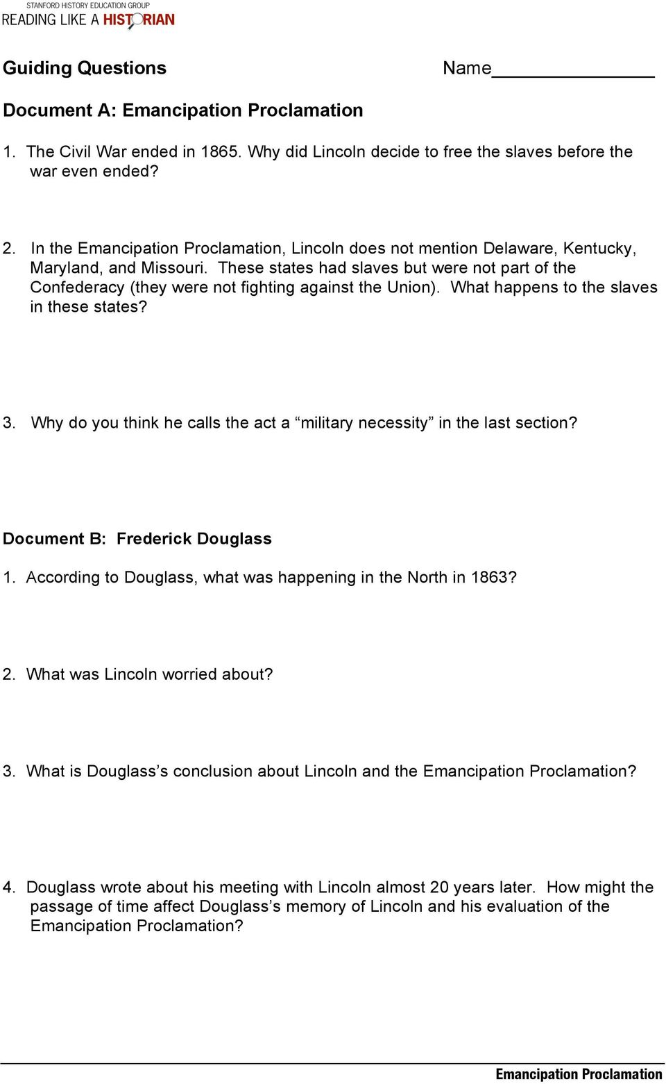 Emancipation Proclamation Lesson Plan Central Historical Question Did Lincoln Free The Slaves Or Did The Slaves Free Themselves Pdf Free Download