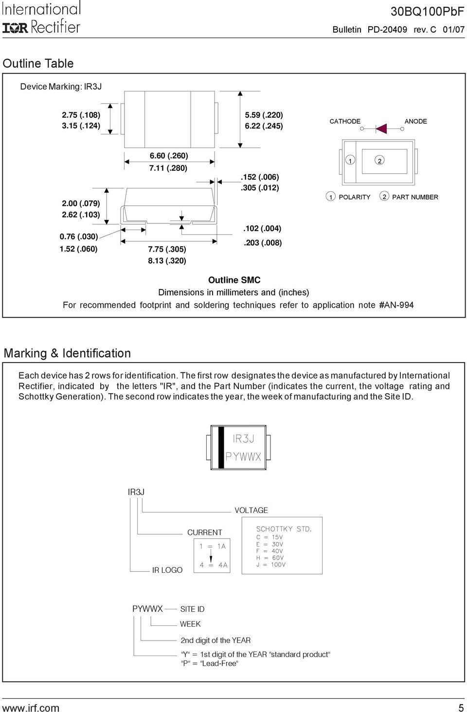 008) Outline SMC Dimensions in millimeters and (inches) For recommended footprint and soldering techniques refer to application note #AN-994 Marking & Identification Each device has 2 rows for