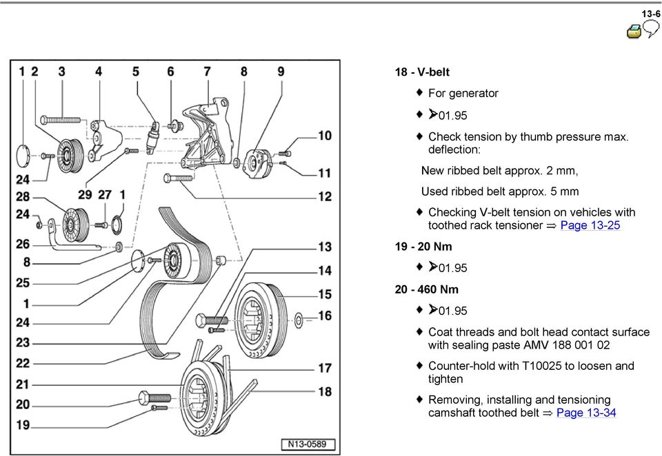 5 mm 19-20 Nm Checking V-belt tension on vehicles with toothed rack tensioner Page 13-25 01.95 20-460 Nm 01.